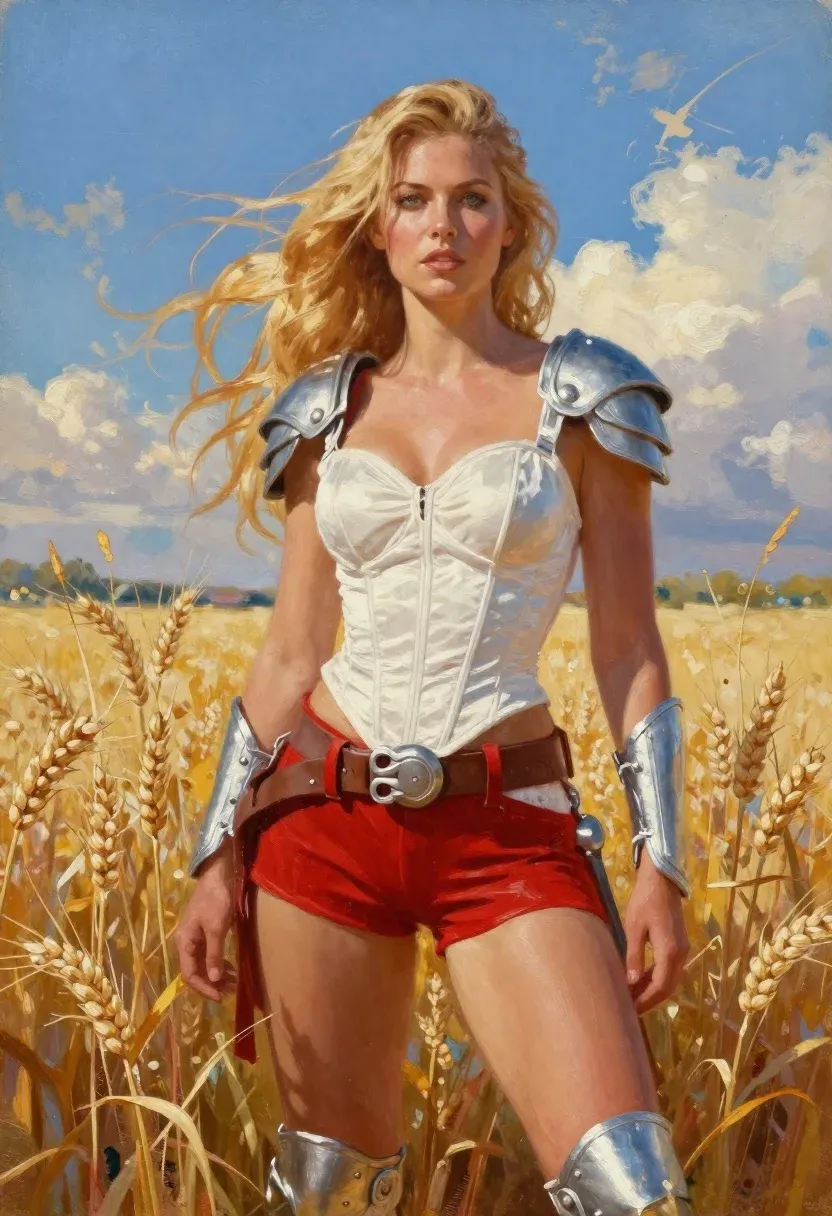 Oil Painting Confident Female Warrior Standing Golden Wheat Field Under