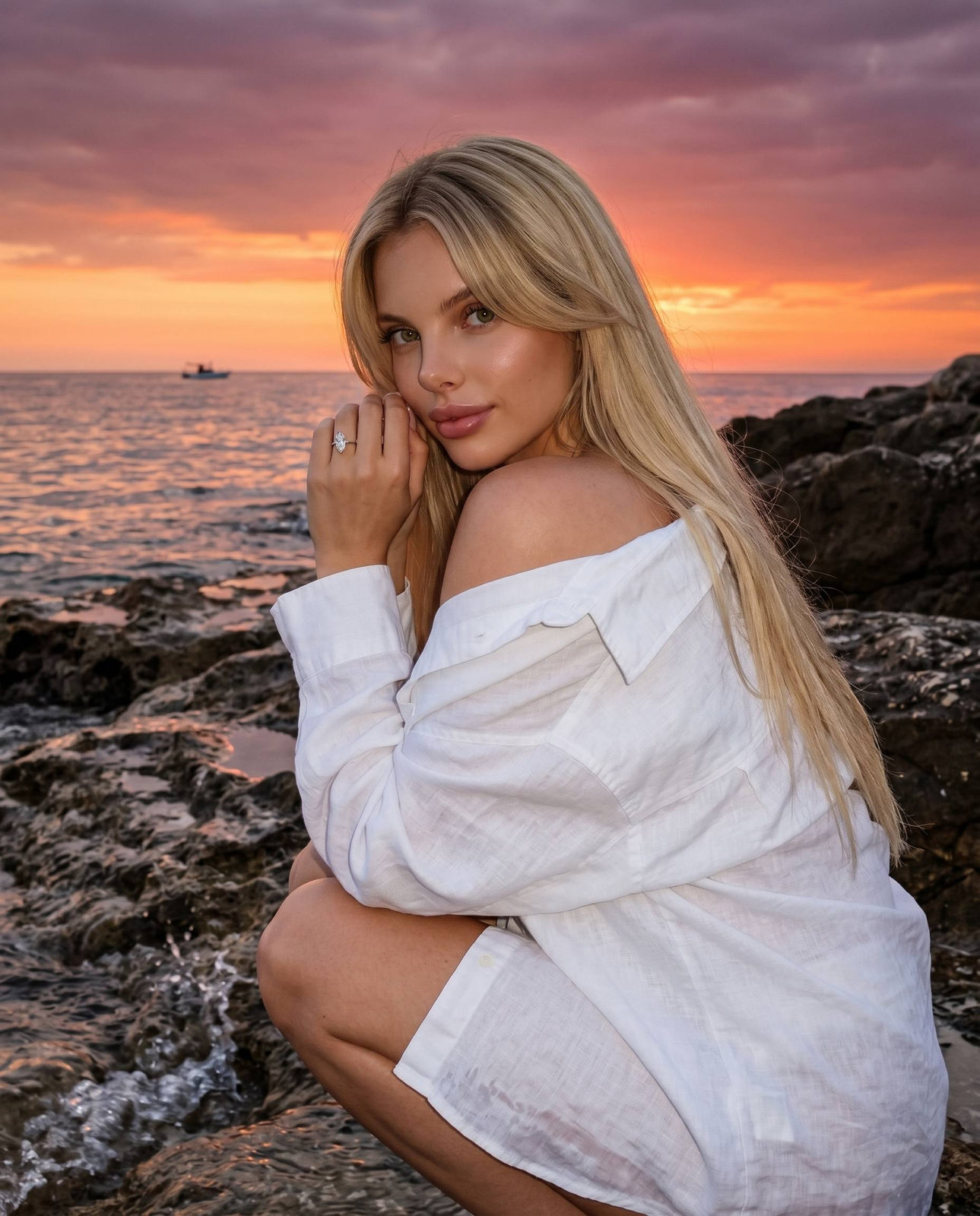 Woman in oversized white linen shirt crouched on wet coastal rocks, golden hour sunset in the background.