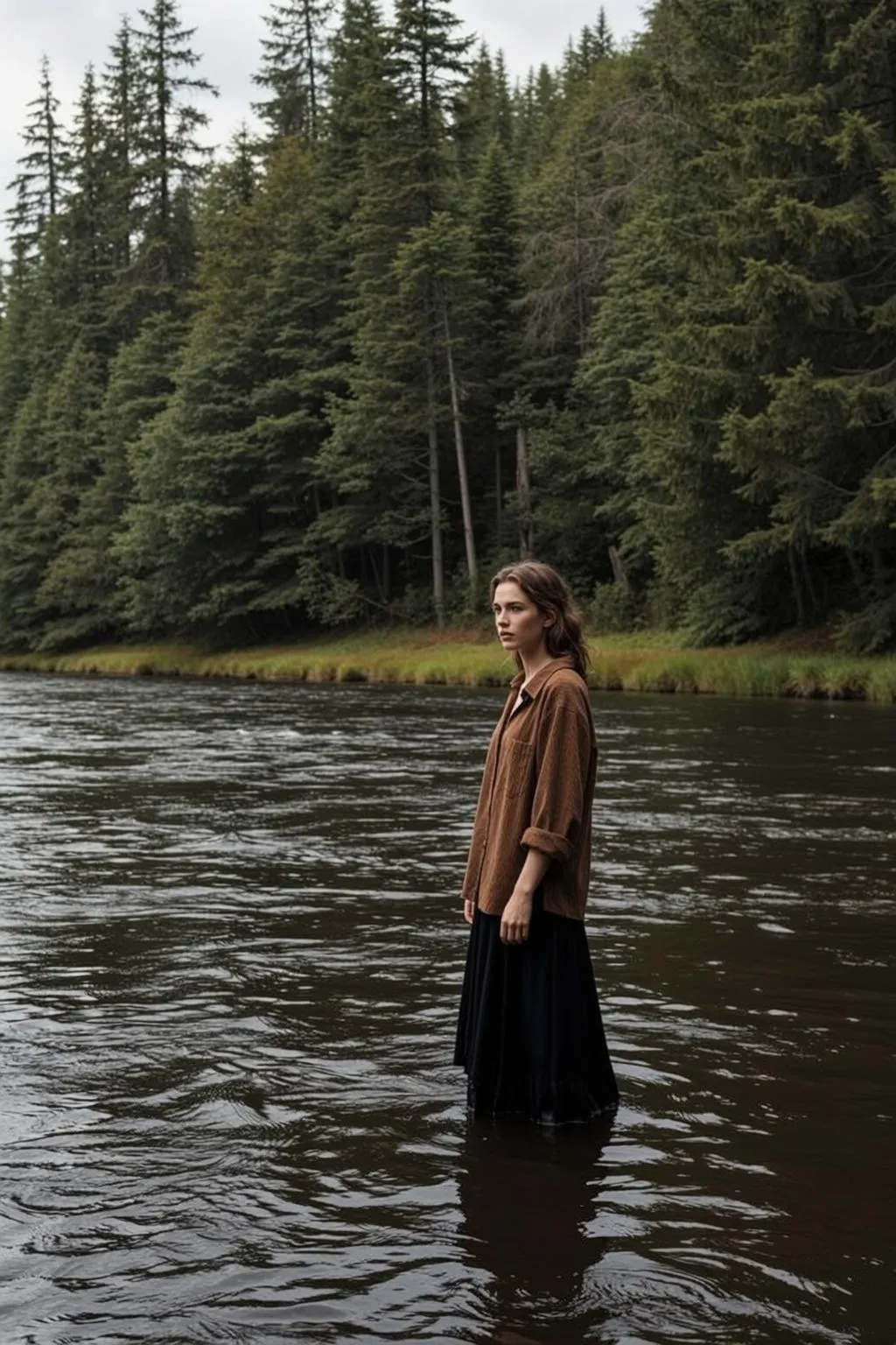 Autumn Stands Dark Rippling Water Her Knees