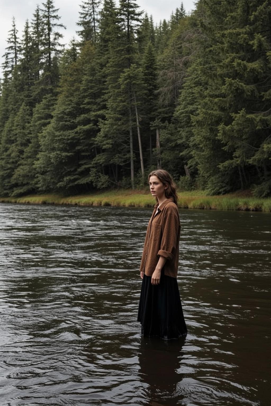 Autumn Stands Dark Rippling Water Her Knees