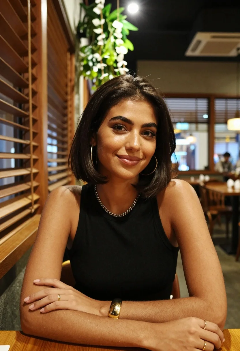 Woman With Dark Bob Haircut Sits Table Restaurant Setting Subject