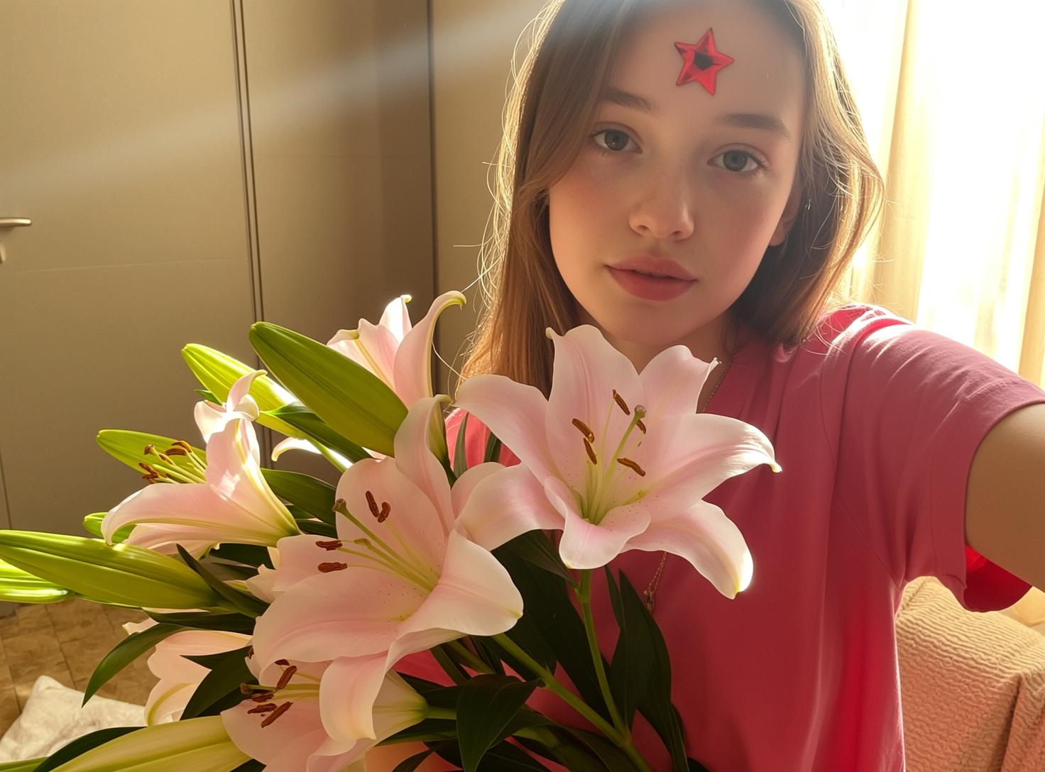 Explore Holding Bouquet Pink Lilies Her Left