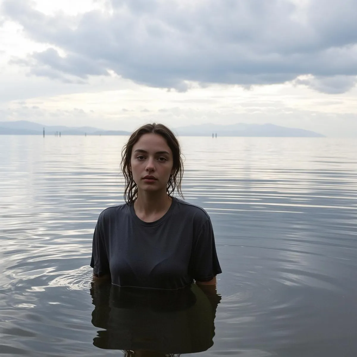 Explore Stands Chest-deep Calm Water Facing Directly