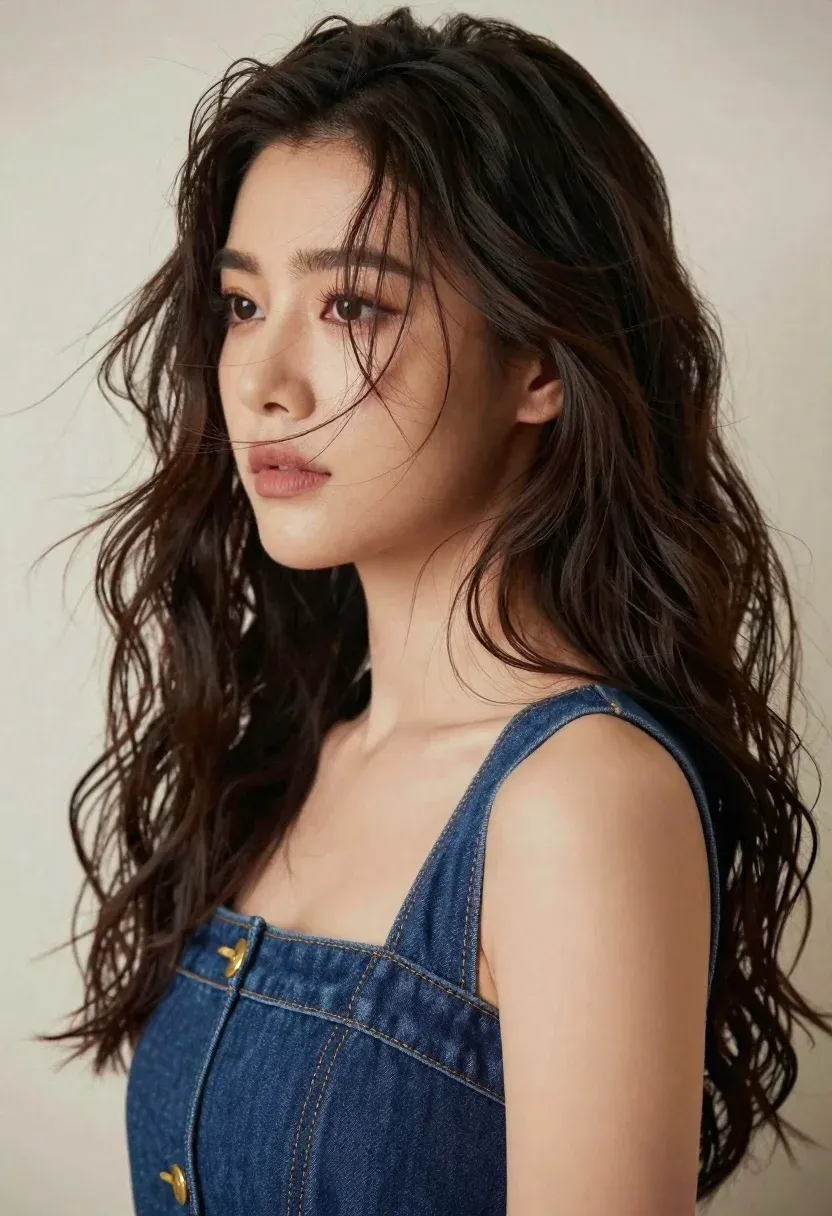 Soft-focus Portrait Woman With Long Dark Wavy Hair And Contemplative
