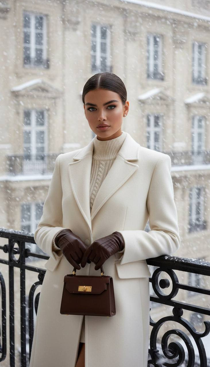 A young woman on a balcony in a cream wool coat, with snowfall creating a dreamy winter atmosphere.
