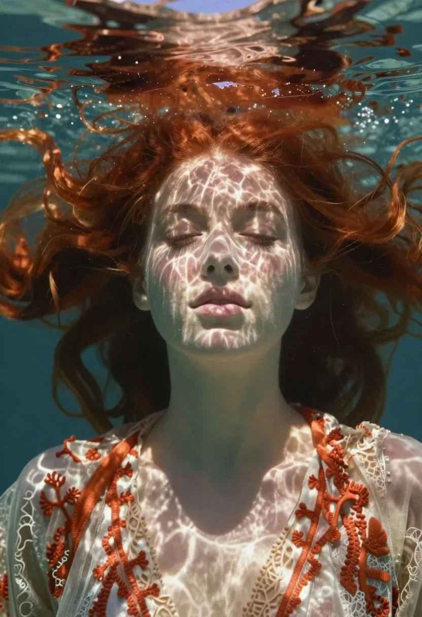 Soft-focus Underwater Portrait Young Woman With Long Flowing Red Hair