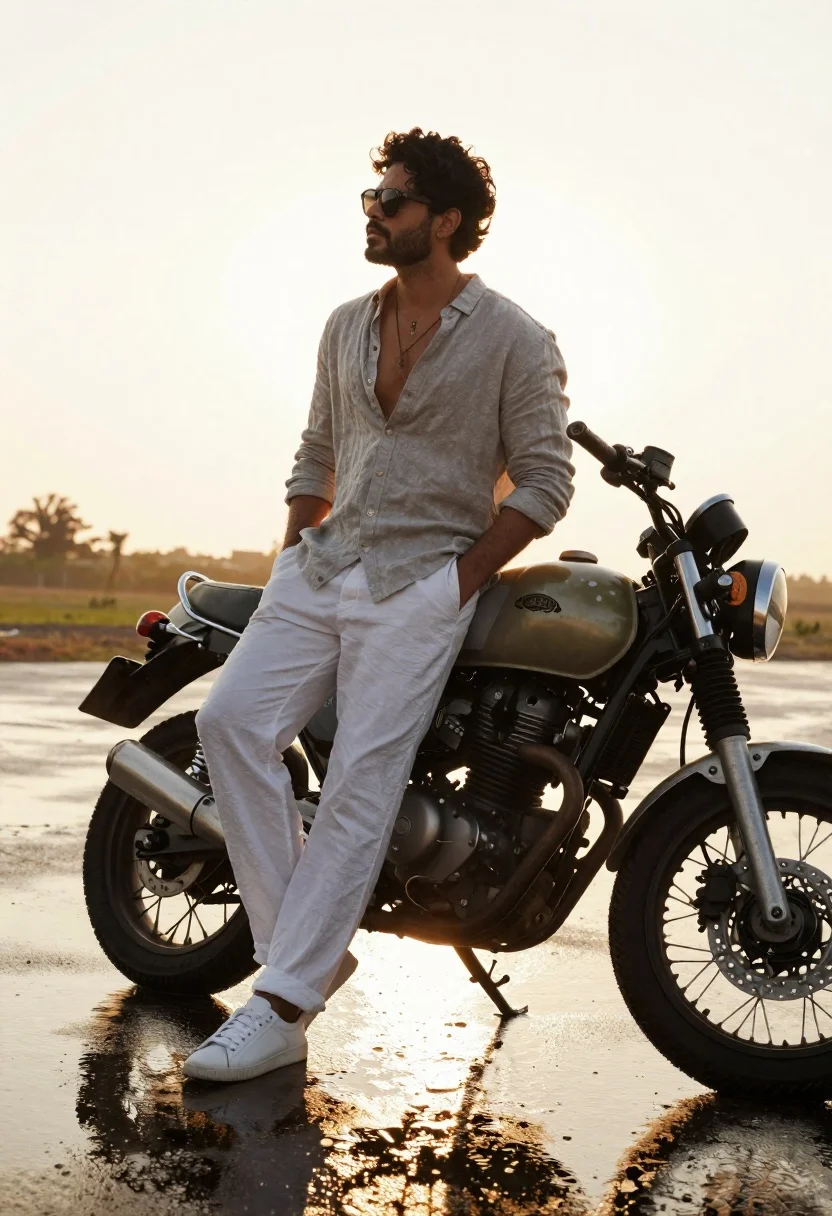 Stylish Man With Curly Dark Hair And Beard Leans Casually