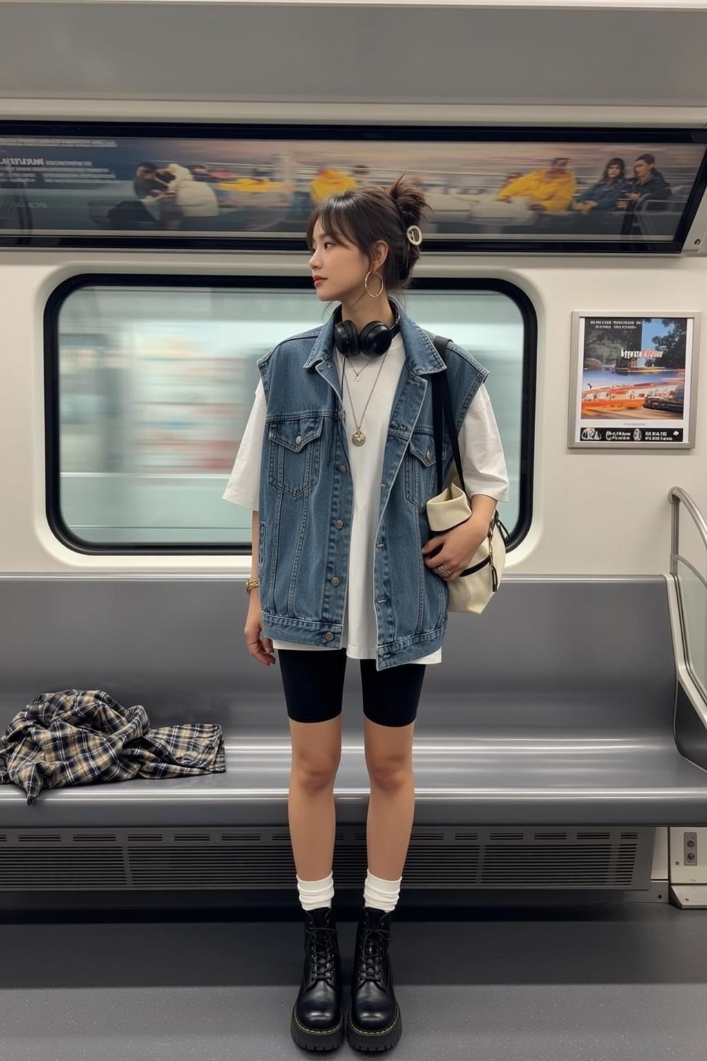 Black Shirt Bun Hair Train Standing