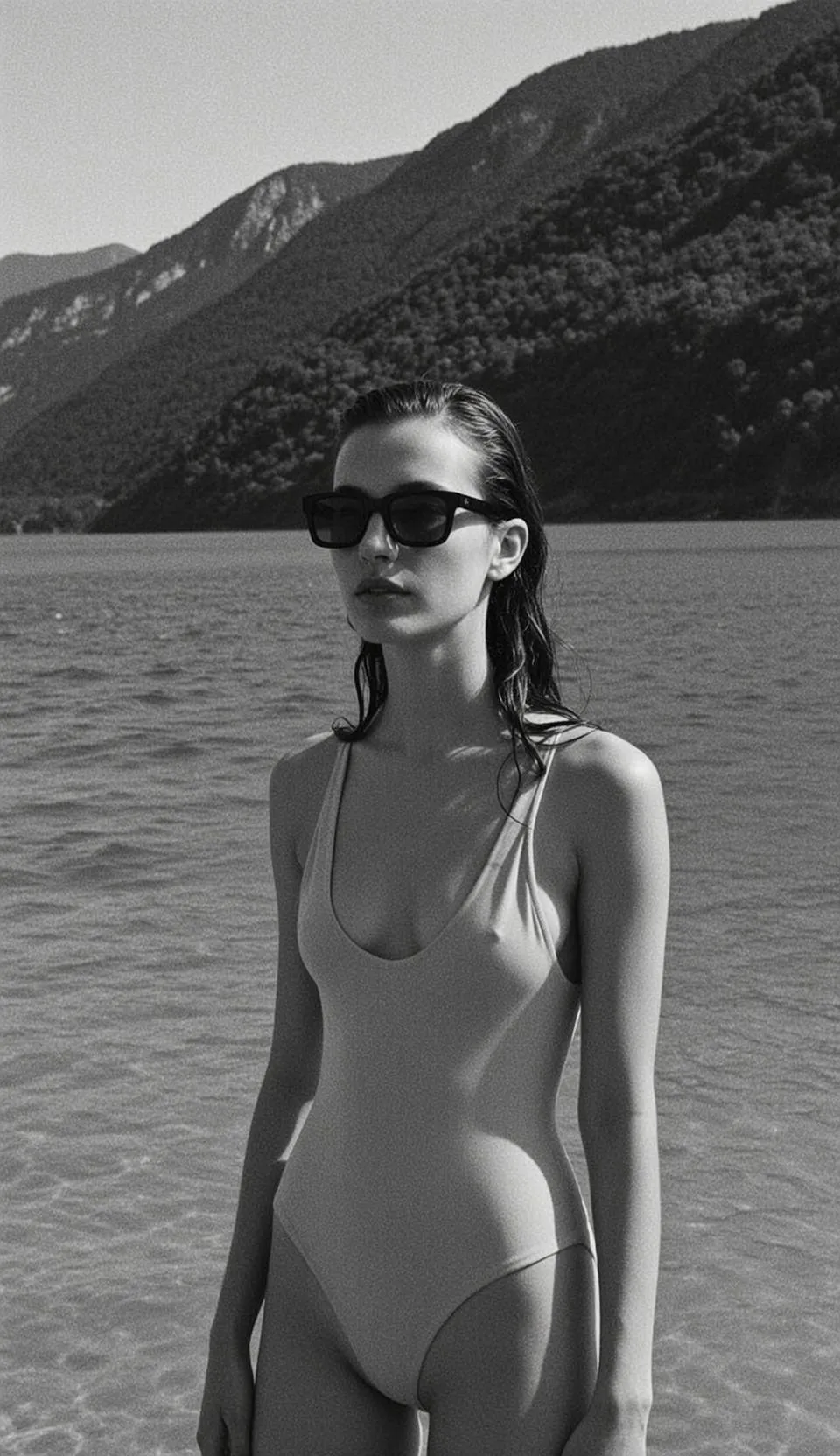 Medium Shot Portrait Orientation Captures Young Woman Standing Shallow Water