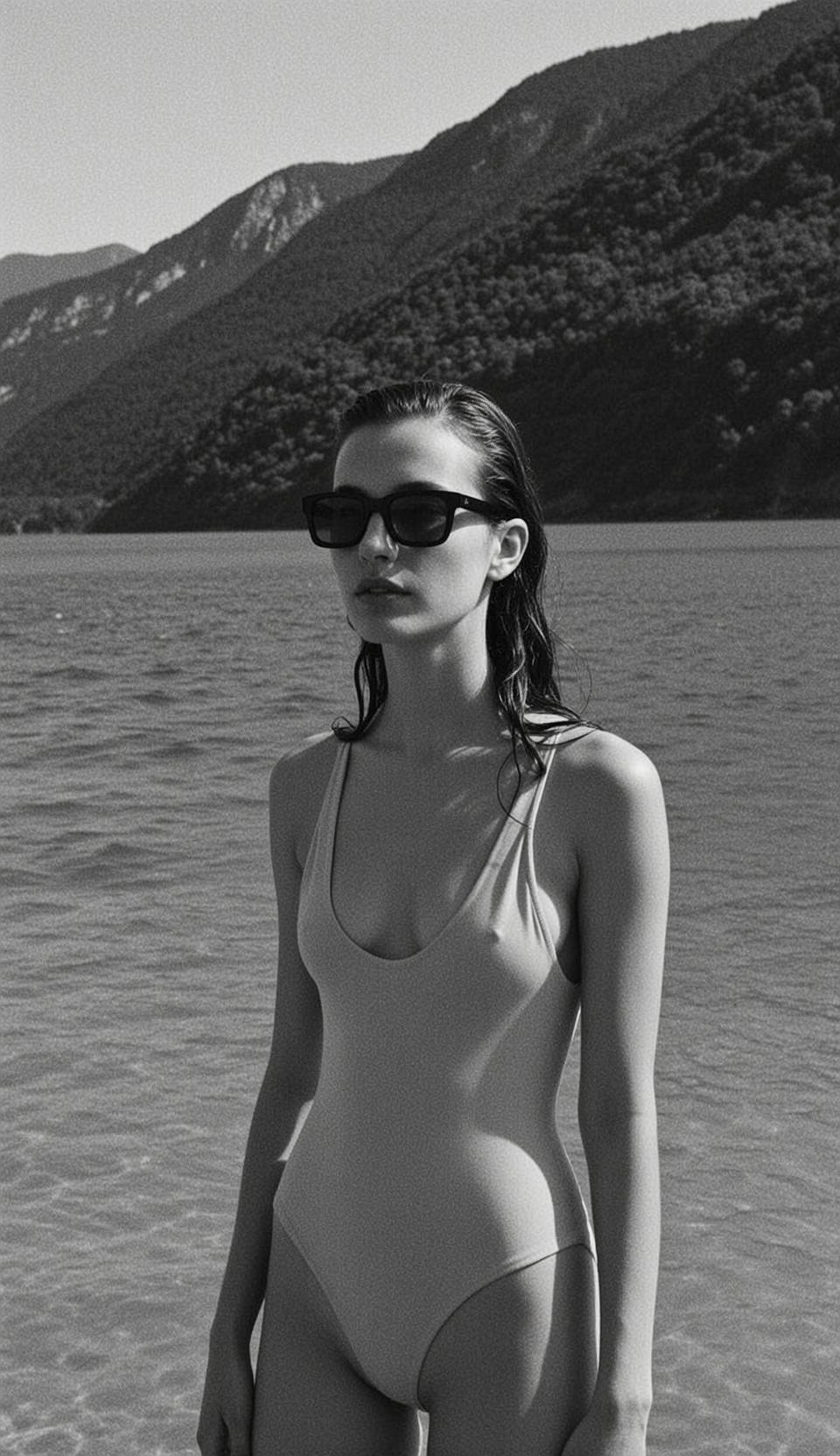 Medium Shot Portrait Orientation Captures Young Woman Standing Shallow Water