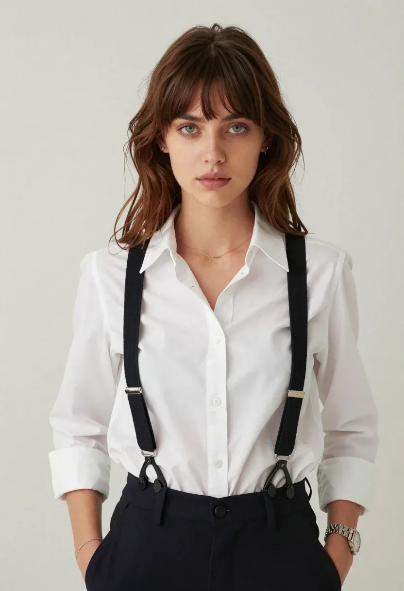 Portrait Young Woman With Brown Hair And Bangs Looking Directly