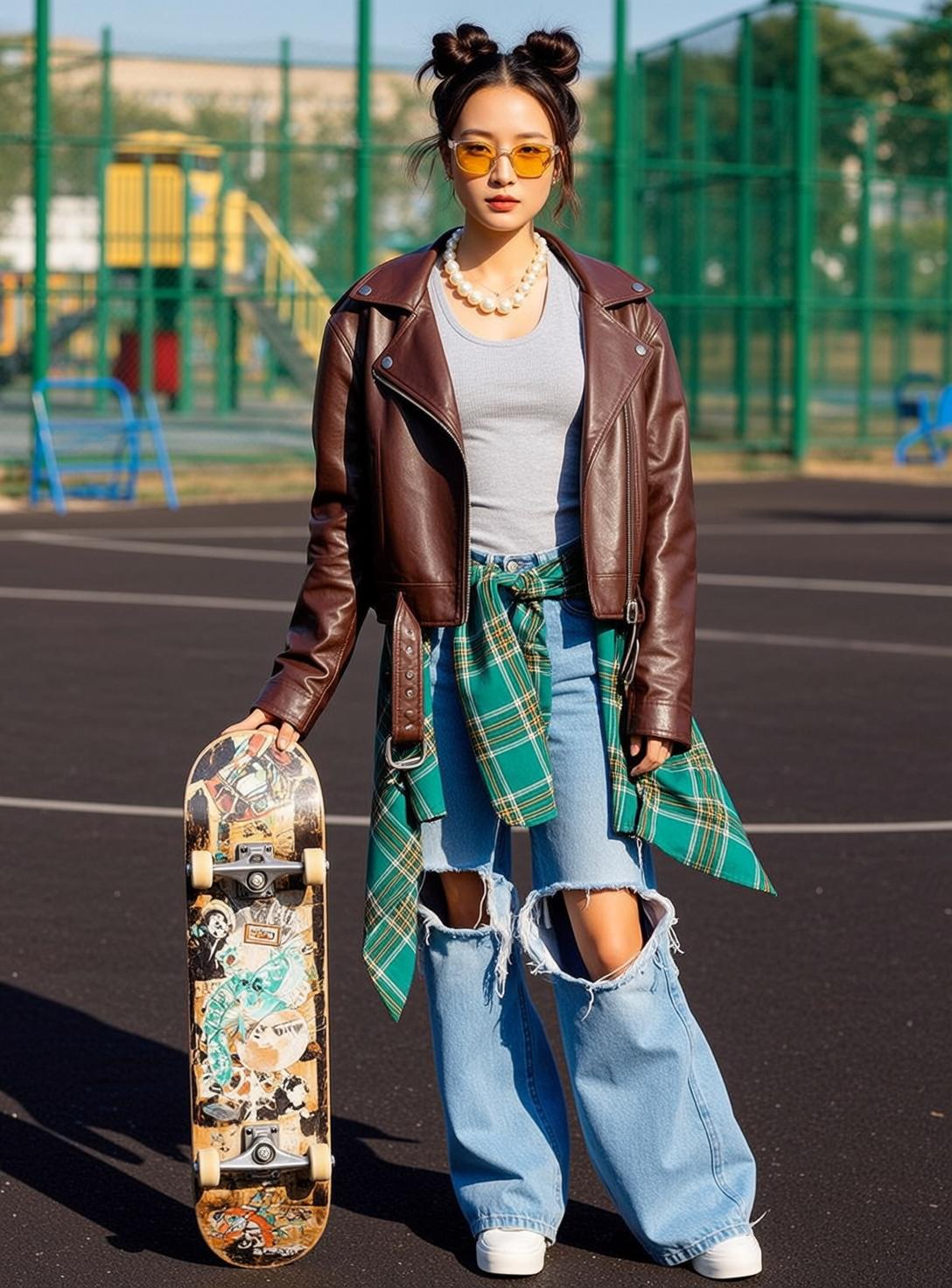 Asian Woman Skateboarder Basketball Court Yellow Sunglasses