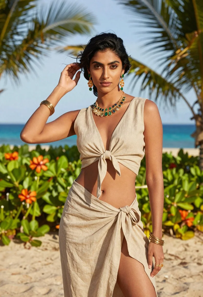 High-resolution Fashion Portrait Woman Standing Sunny Beach With Palm Fronds reference photo