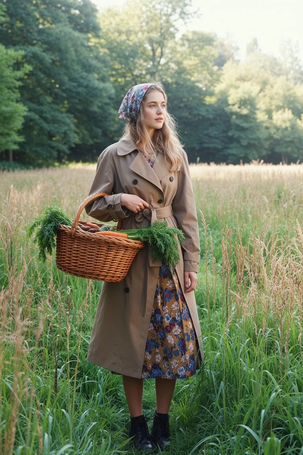 Autumn Stands Sun-drenched Field Holding Woven Basket