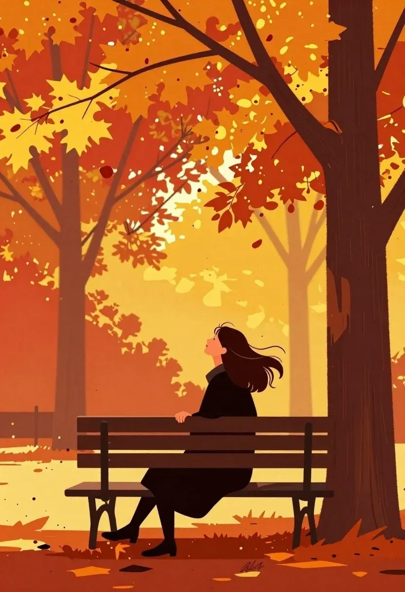 Vertical Illustration Woman Sitting Park Bench Under Tall Trees With