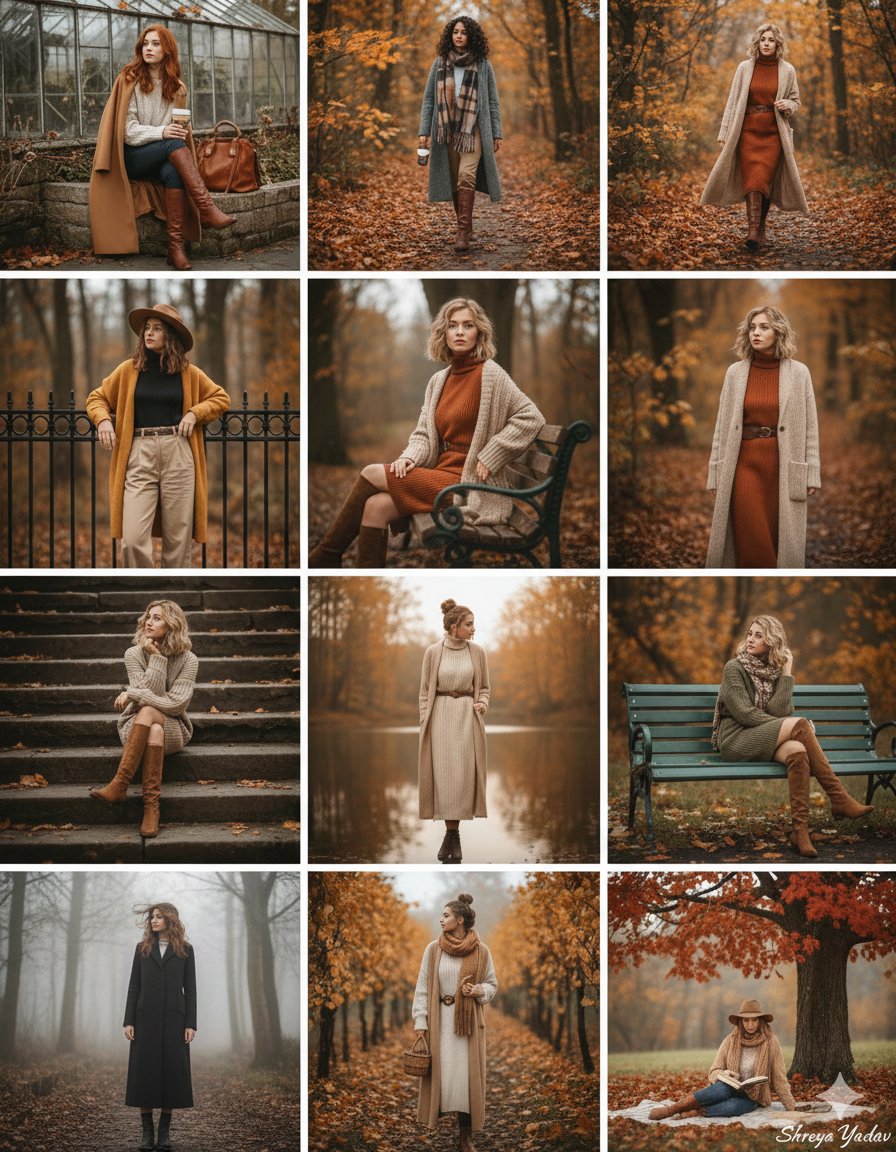 A high-resolution autumn fashion collage featuring a model in a cozy outdoor pose, surrounded by orange leaves and warm lighting.