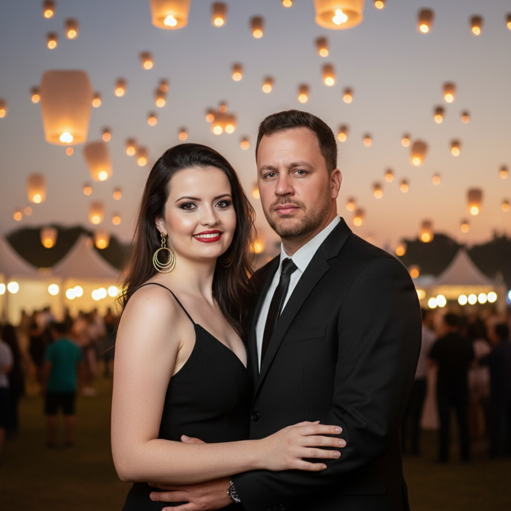 An elegantly dressed couple embraces under a sky filled with floating lanterns, surrounded by a softly lit festive atmosphere.