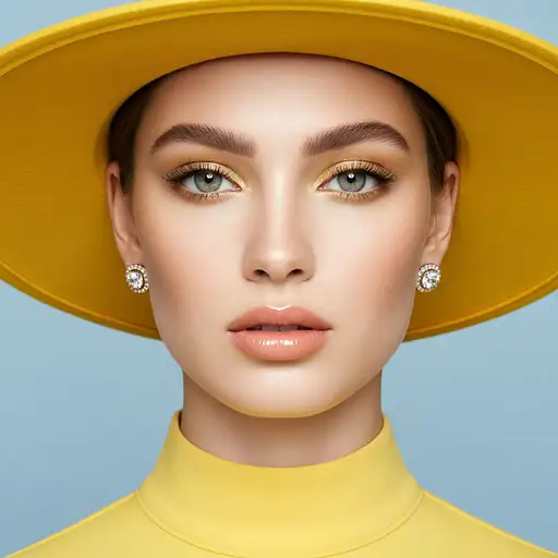 Close-up portrait of a young female with light green grey eyes, smooth skin, wearing a bright yellow wide-brim hat and a minimalist high-collared garment.