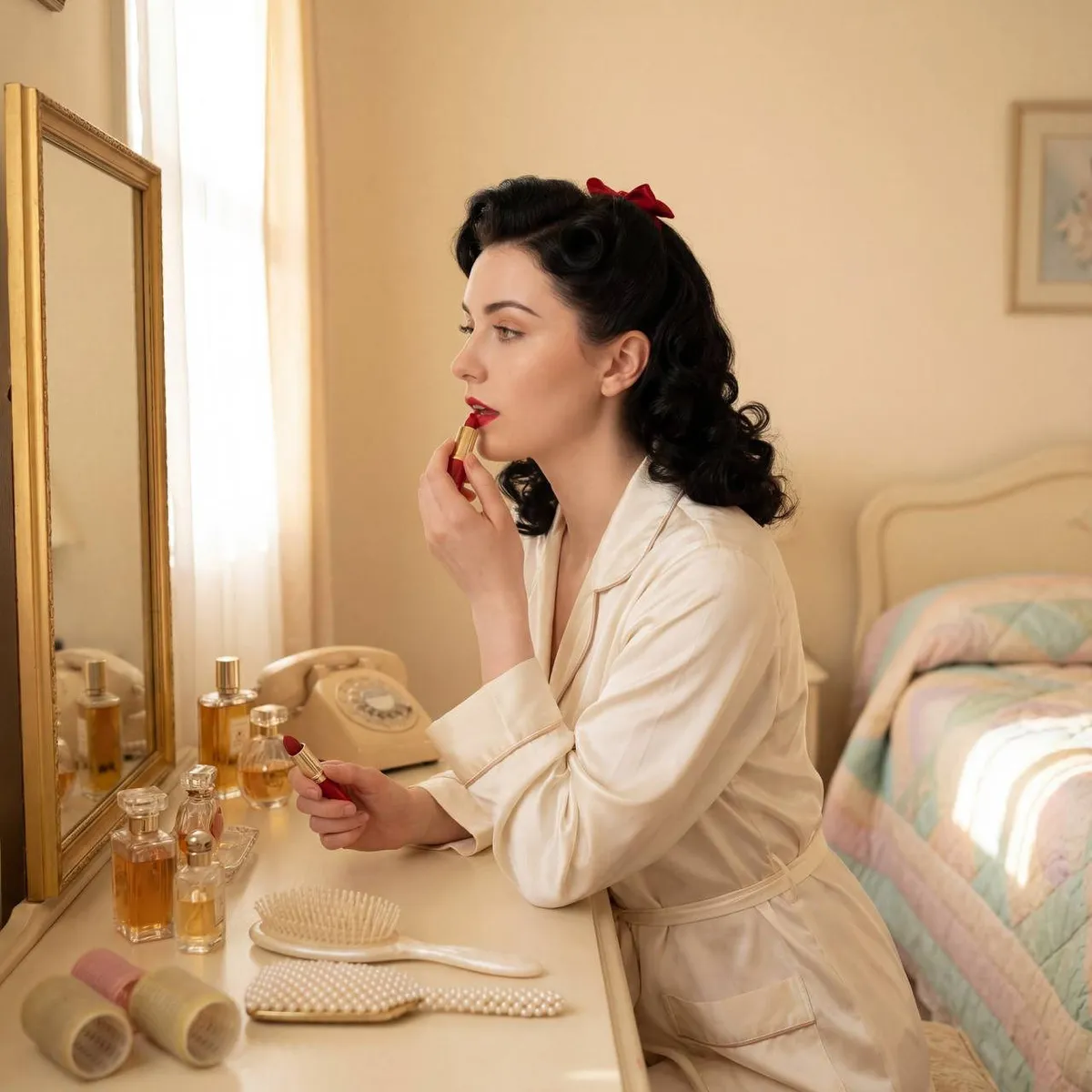 Vintage Makeup With Satin Robe At Bedroom Vanity