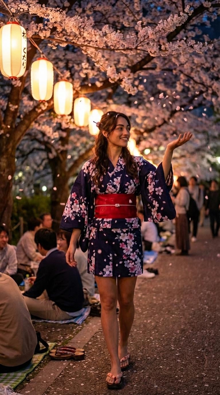 Cherry Blossom Path At Night Hanami Picnic
