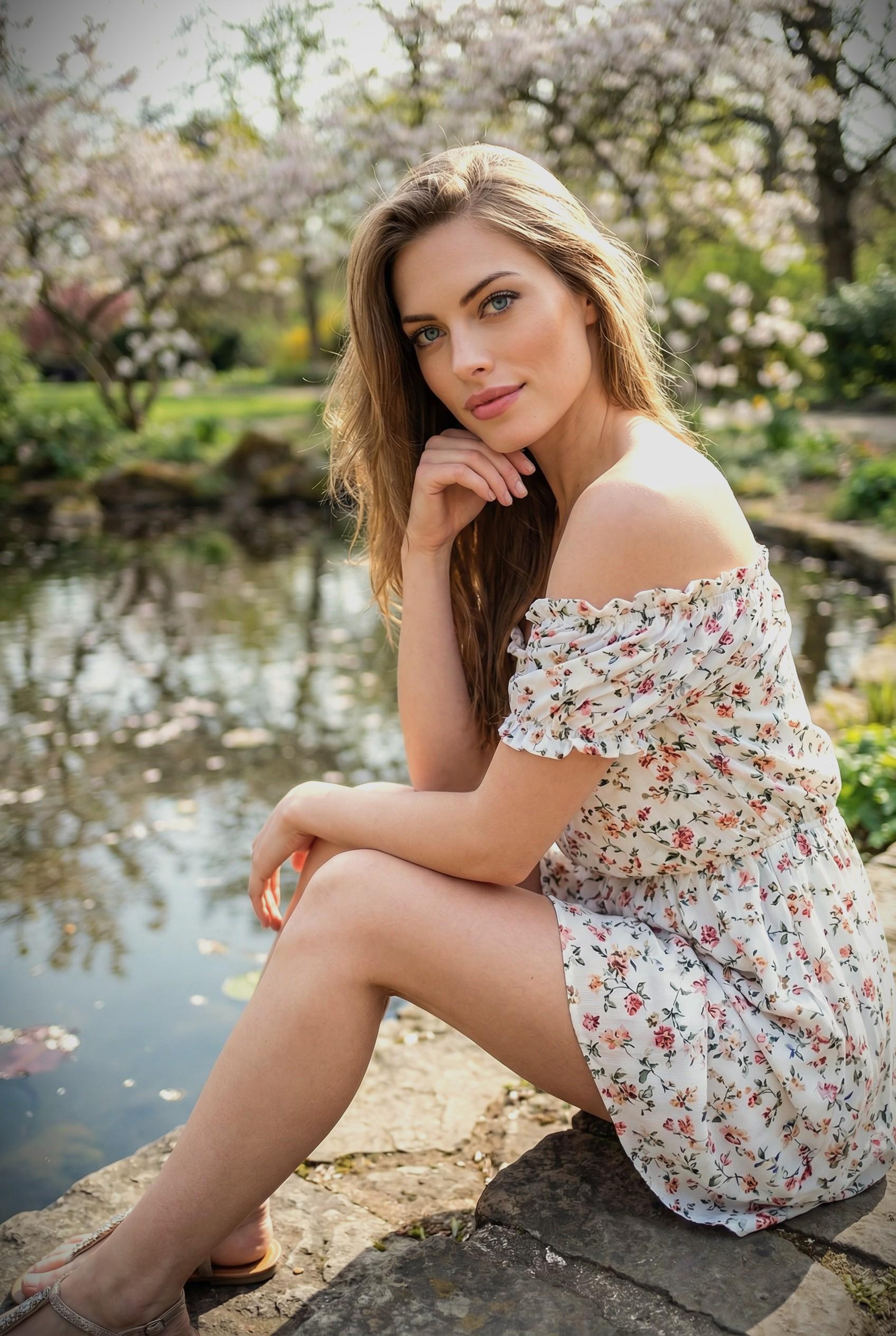 Spring Park Pond White Floral Dress Sitting Pose