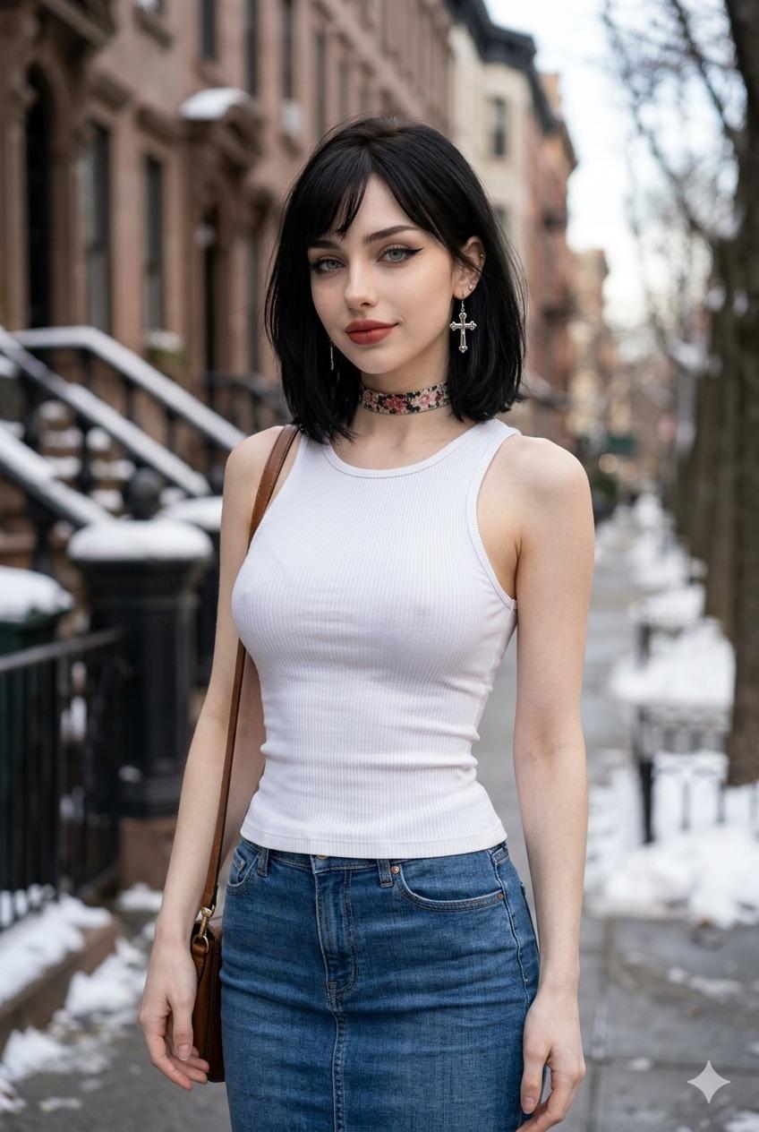 A young woman wearing a white tank top and floral choker poses on a snowy urban sidewalk, brownstone buildings in the background.