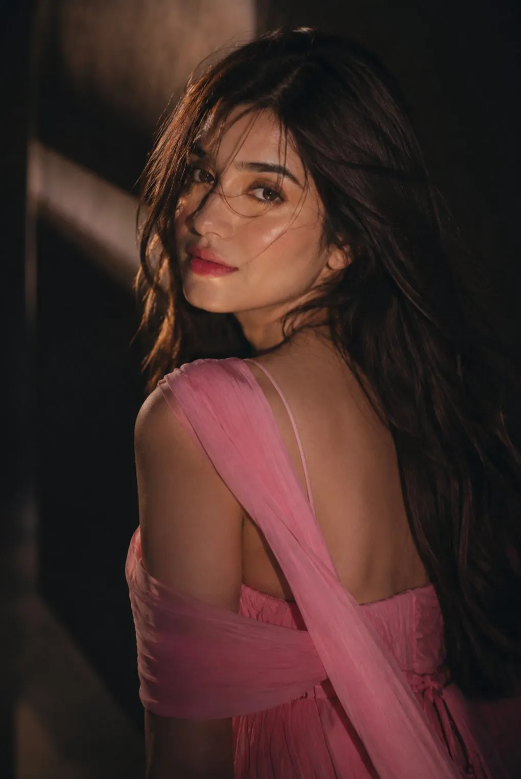 Elegant Pink Gown Dark Moody Background Cinematic