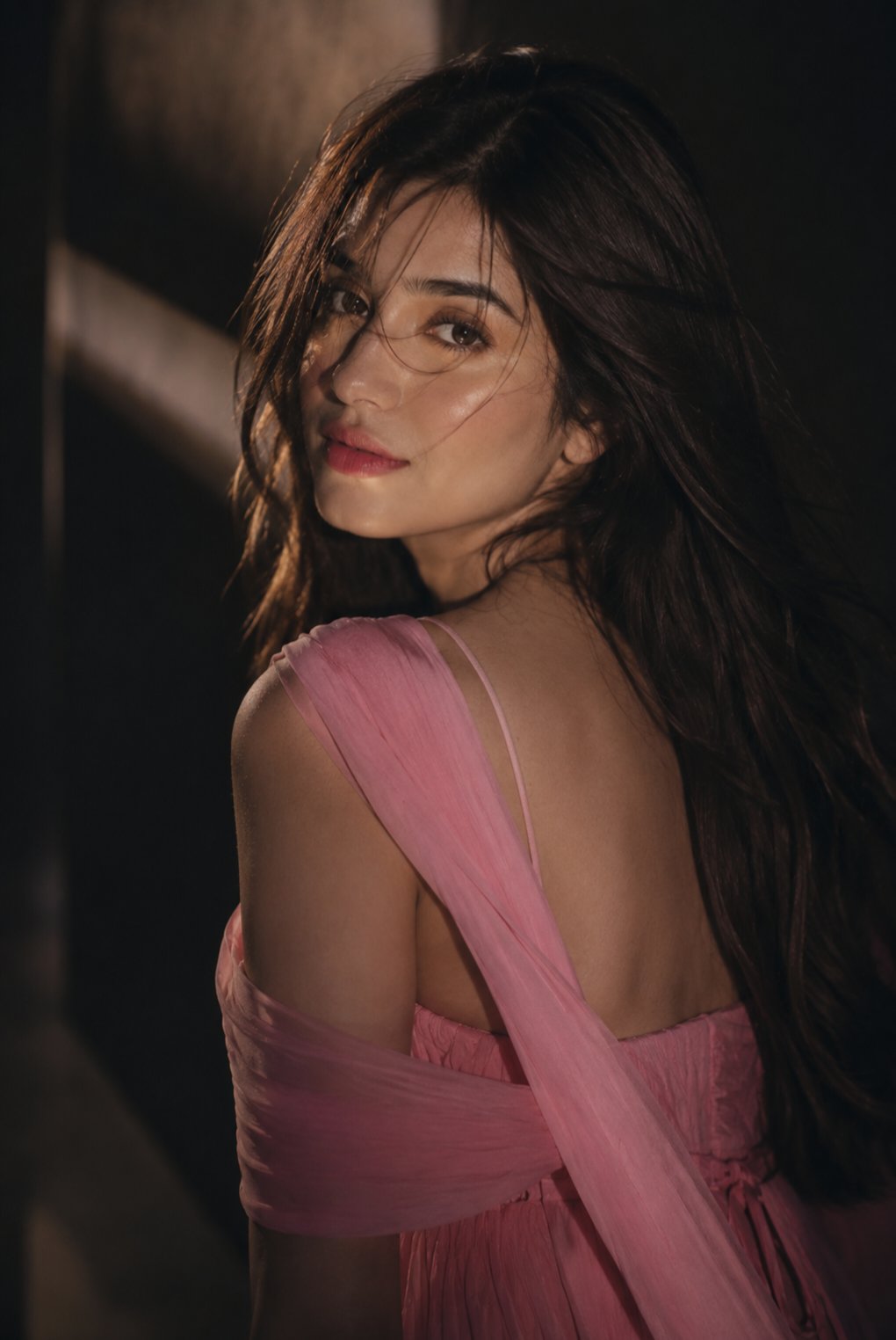 Elegant Pink Gown Dark Moody Background Cinematic