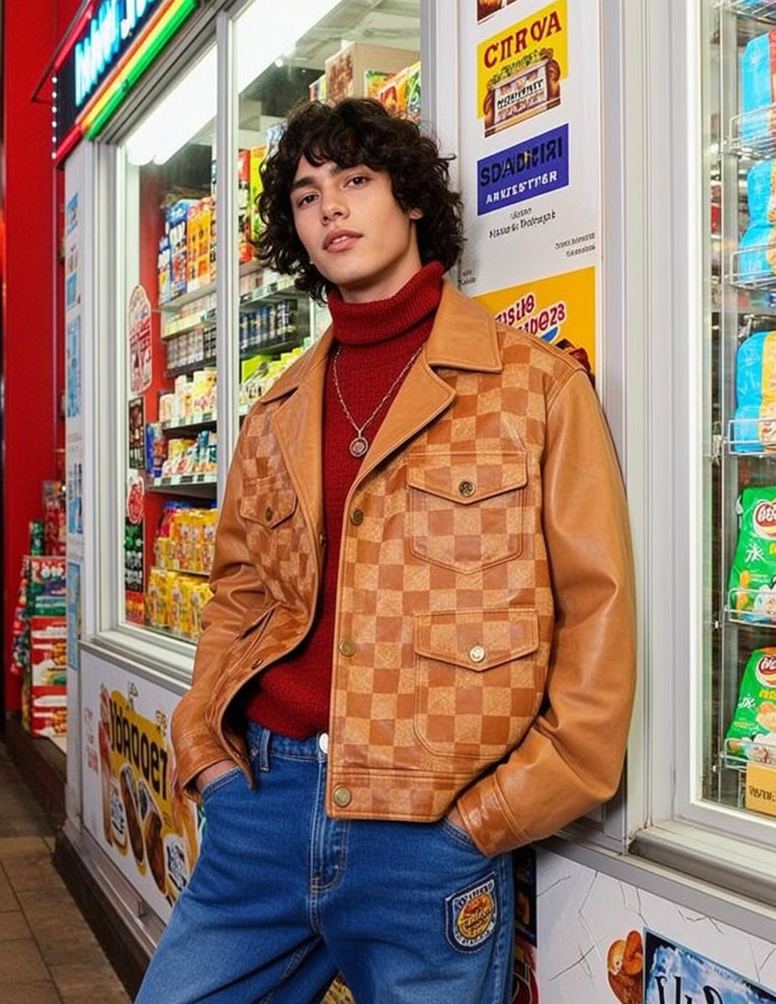Blue Turtleneck Curly Hair Storefront Leaning