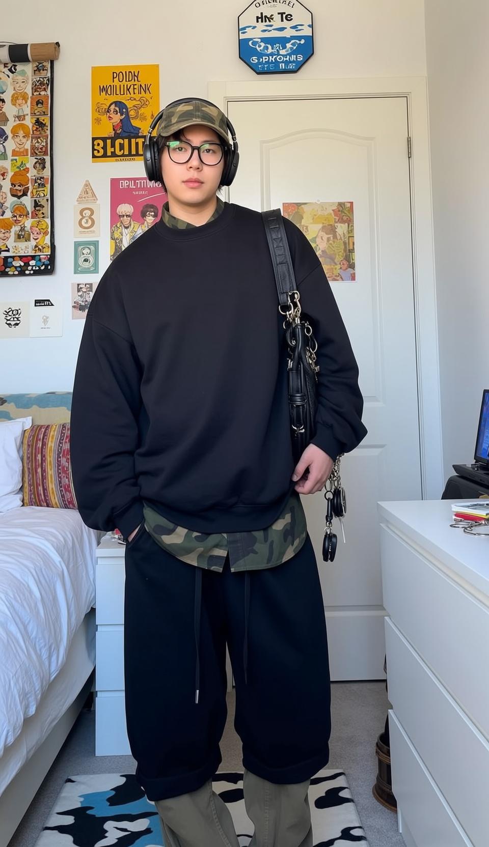 Casual Young Asian Black Short Fair Crewneck