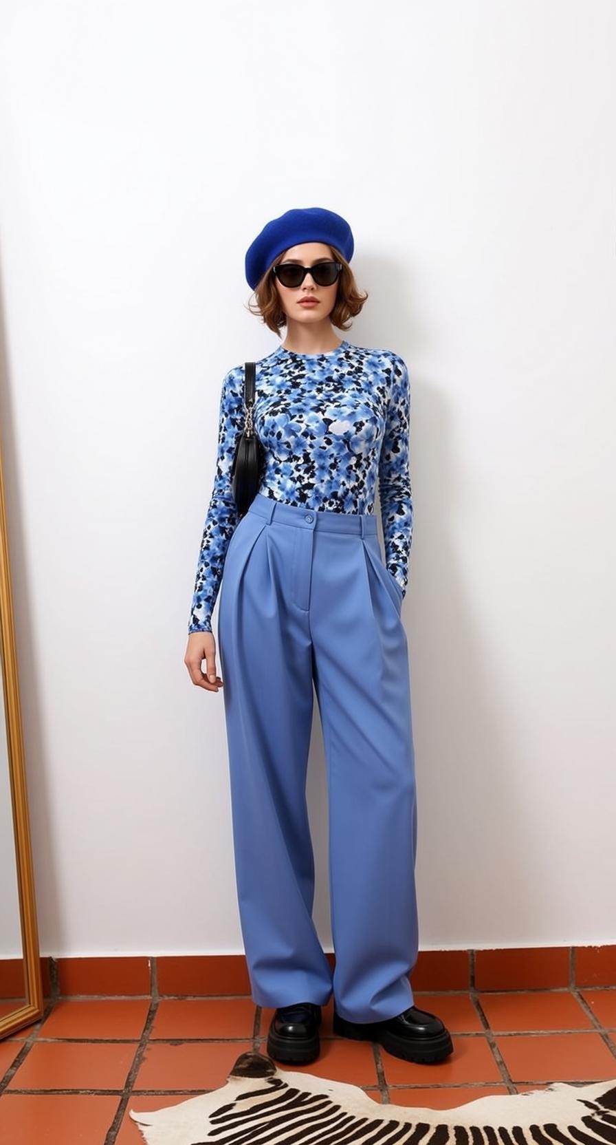 Blue Floral Shirt Black Sunglasses Zebra Rug