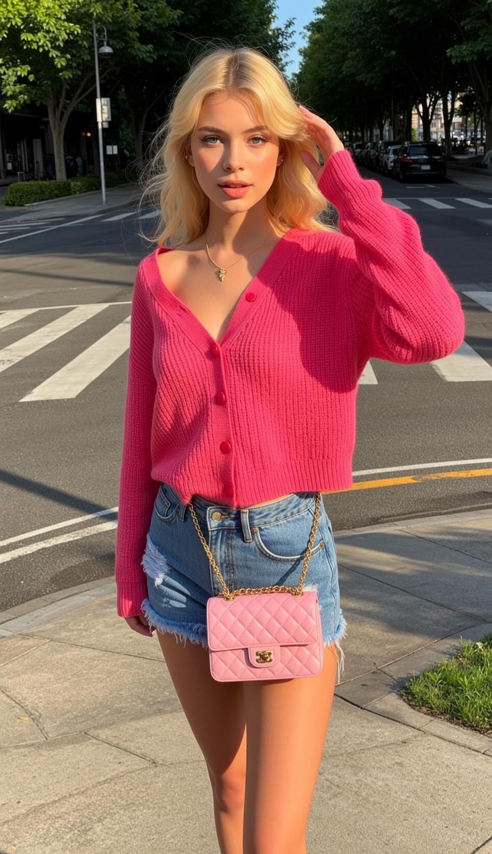 Pink Cardigan Denim Shorts