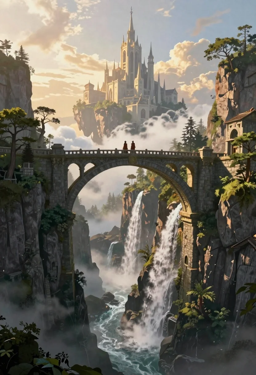 Majestic Fantasy Landscape Grand Stone Bridge Spanning Deep Misty Gorge reference photo