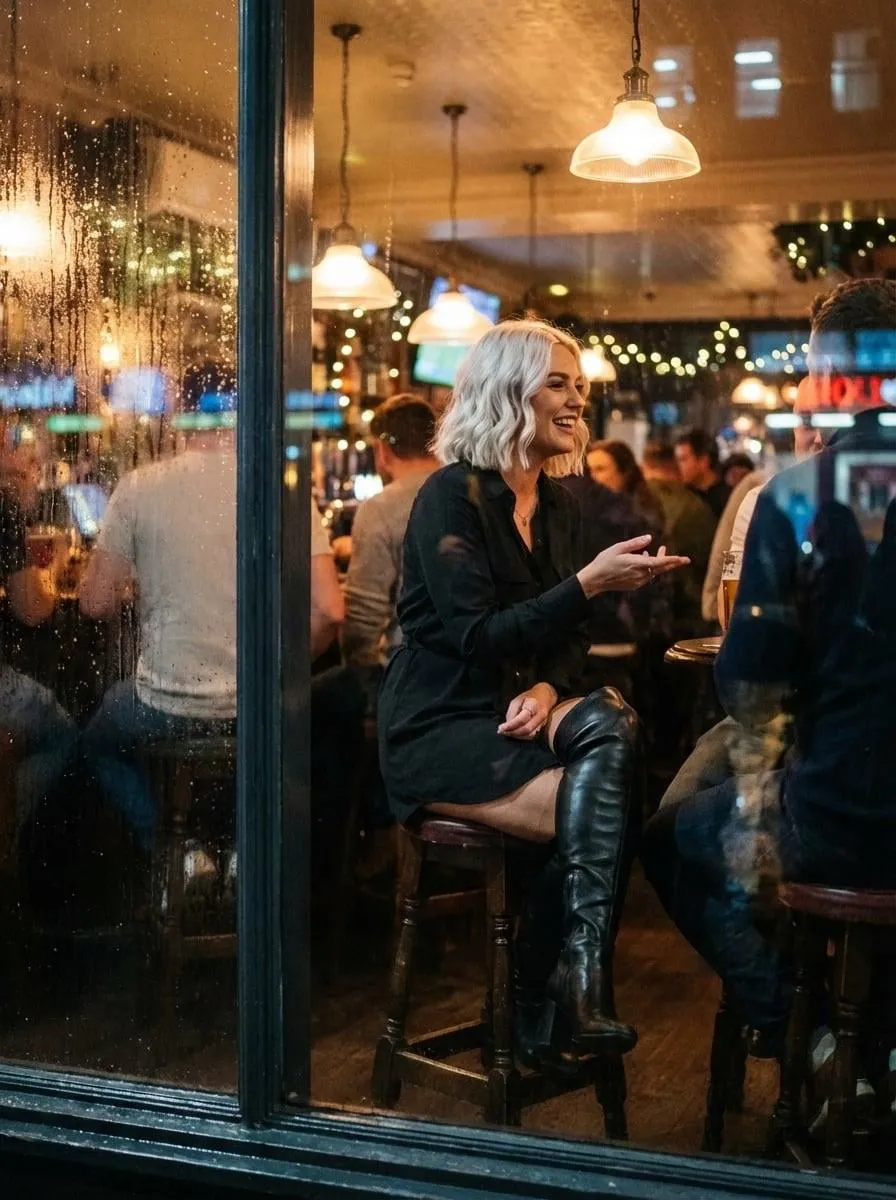 Rainy Window View Cozy Pub Interior Night