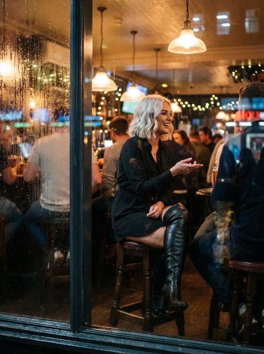 Rainy Window View Cozy Pub Interior Night