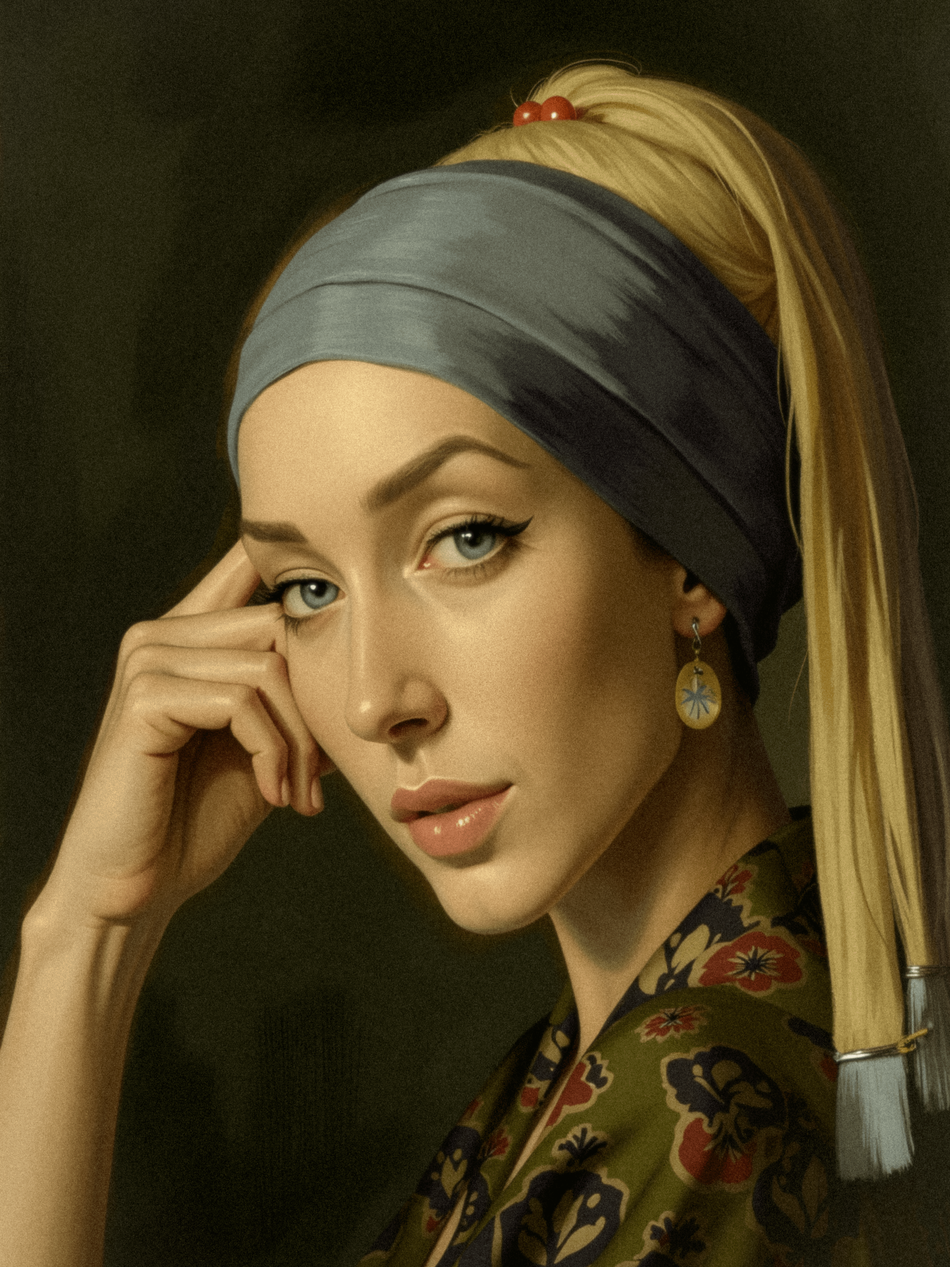 Vermeer Style Portrait Red Bead Ponytail Kimono