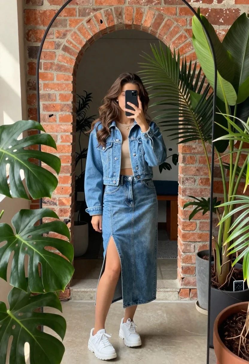 Young Woman With Long Wavy Brown Hair Takes Mirror Selfie