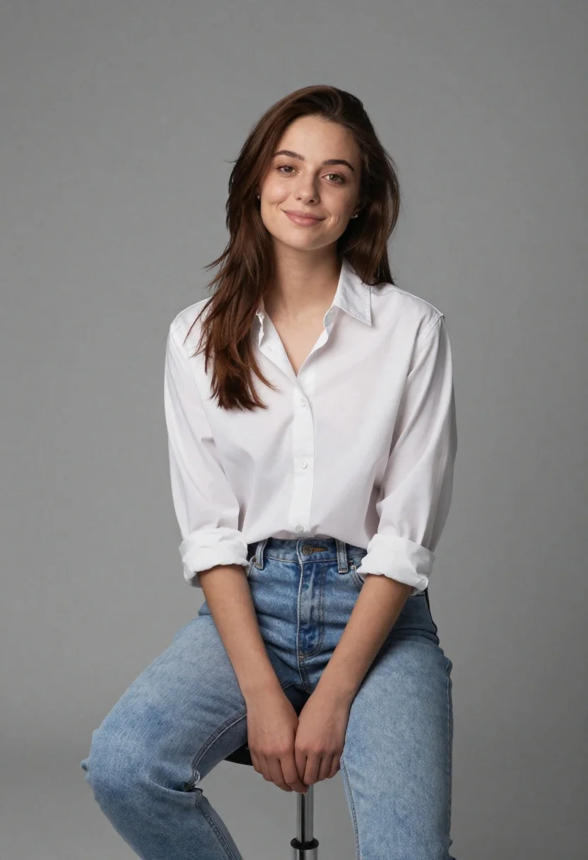 Portrait Photography Young Woman With Long Brown Hair Sitting Stool reference photo