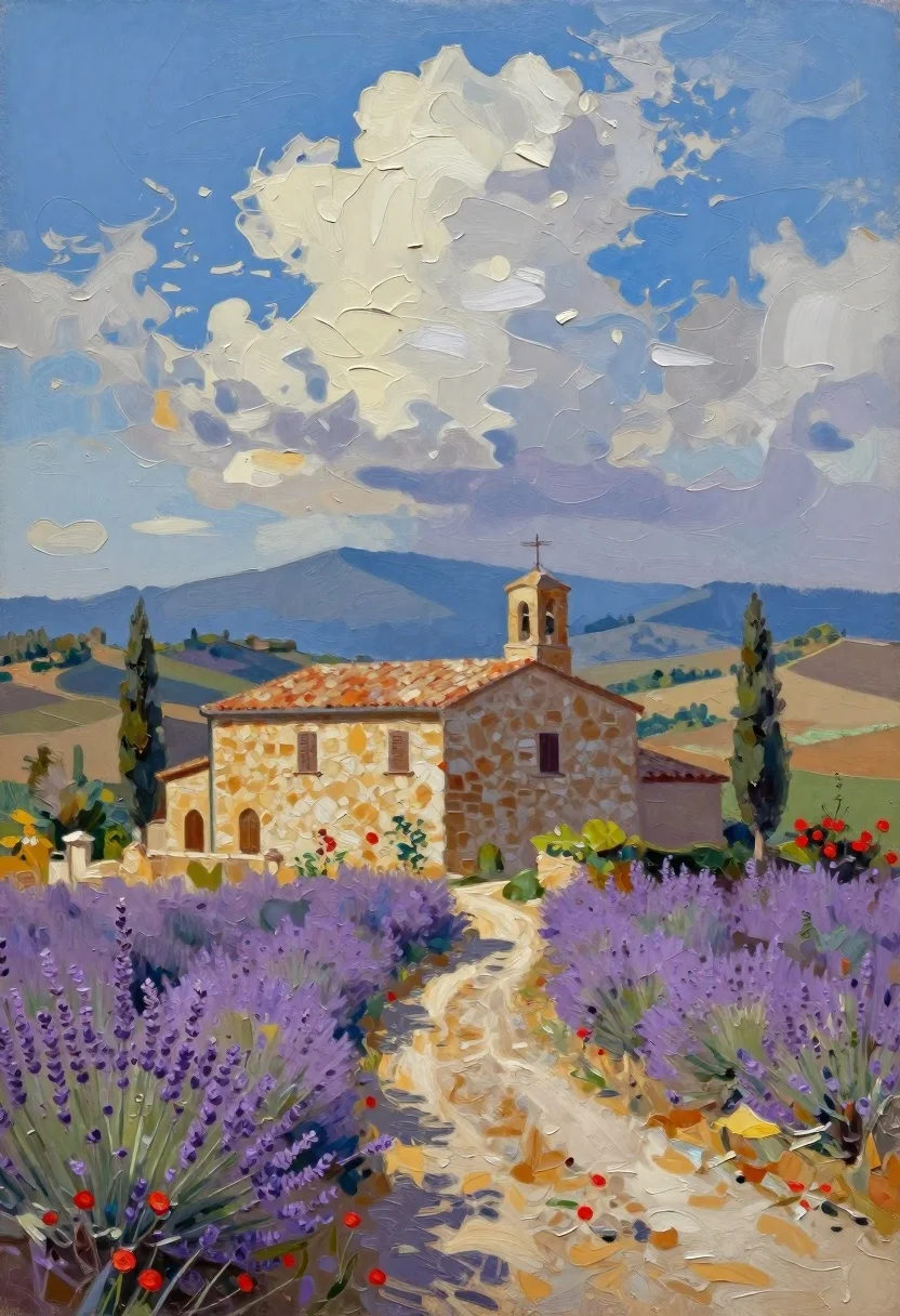Impasto Oil Painting Sun-drenched Tuscan Villa Nestled Rolling Hills Under reference photo