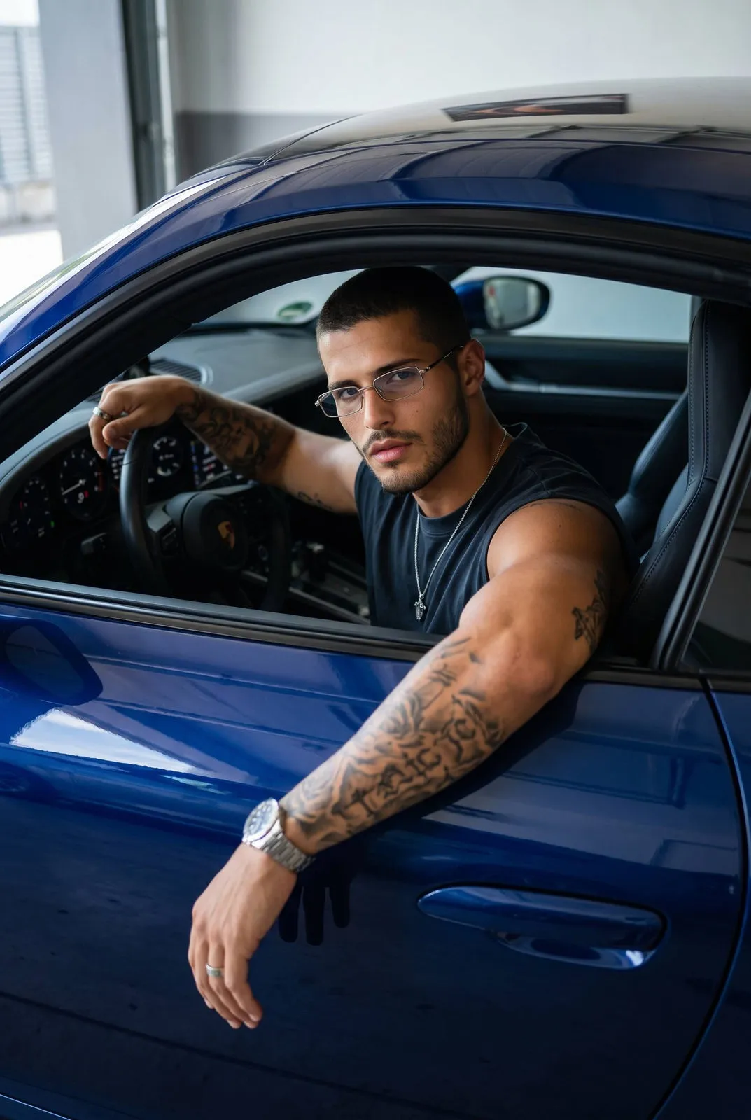 Tattoos Glasses Necklace And Wristwatch In Car Portrait