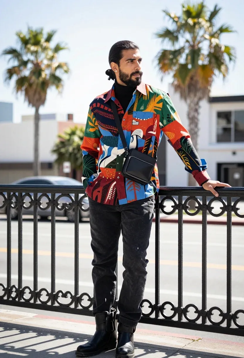 Stylish Man Stands Confidently Leaning Against Ornate Black Metal Railing