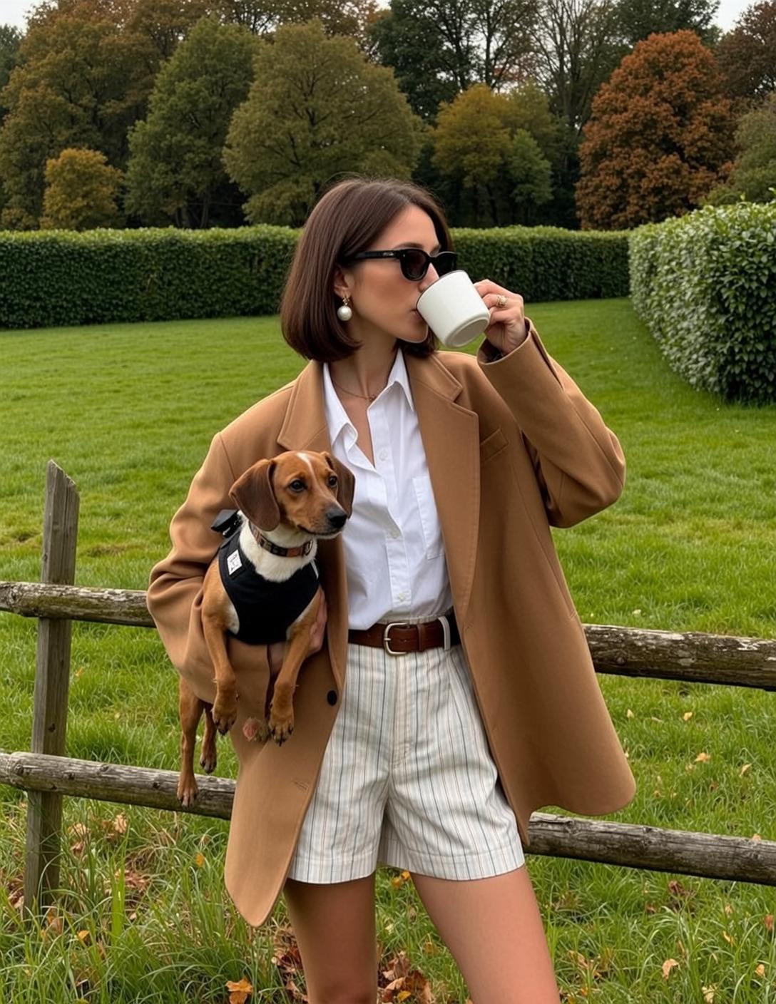 Autumn Stands Outdoors Holding Small Dachshund Her