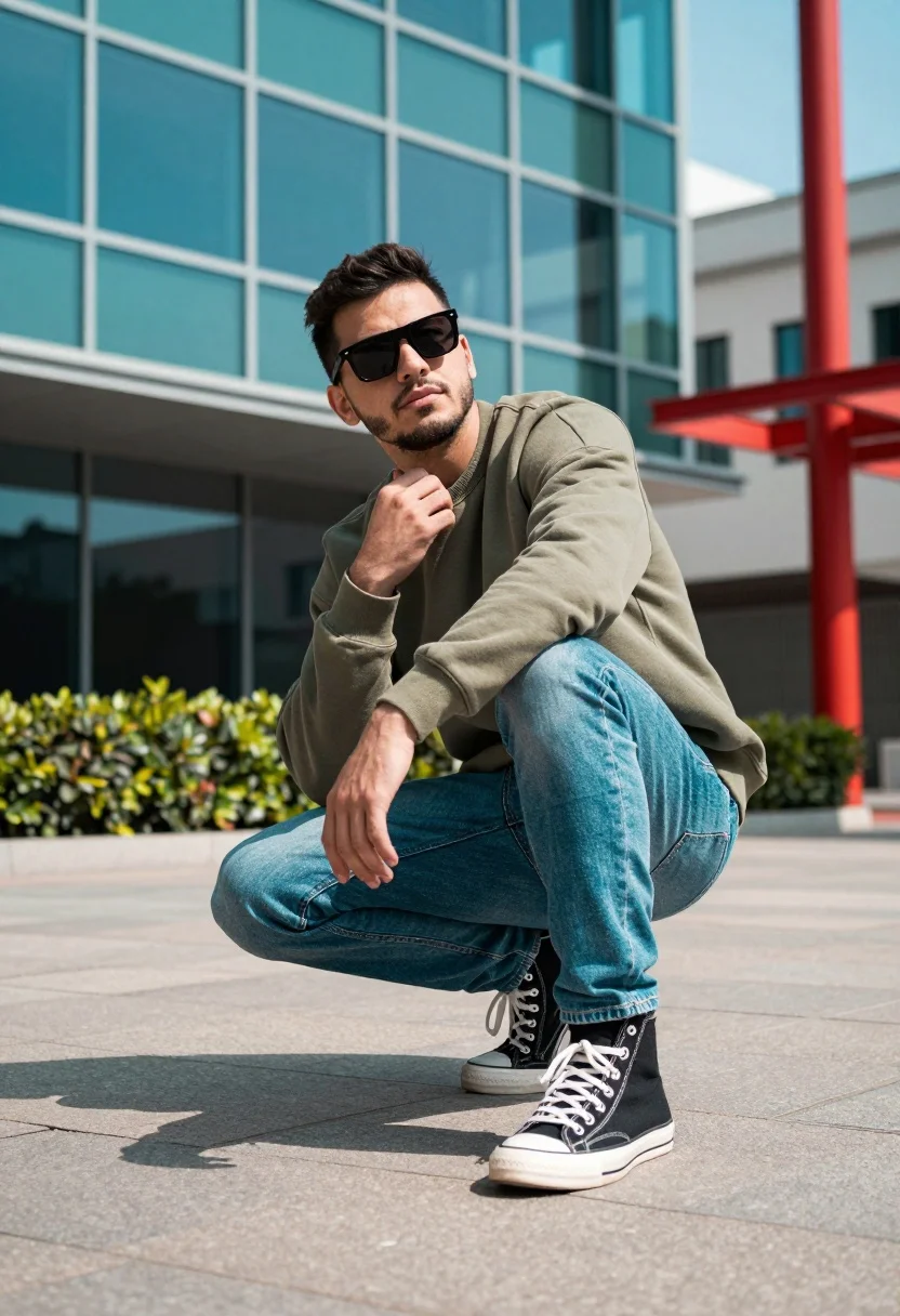 Man Crouching Modern Urban Plaza With Glass Building Behind Him