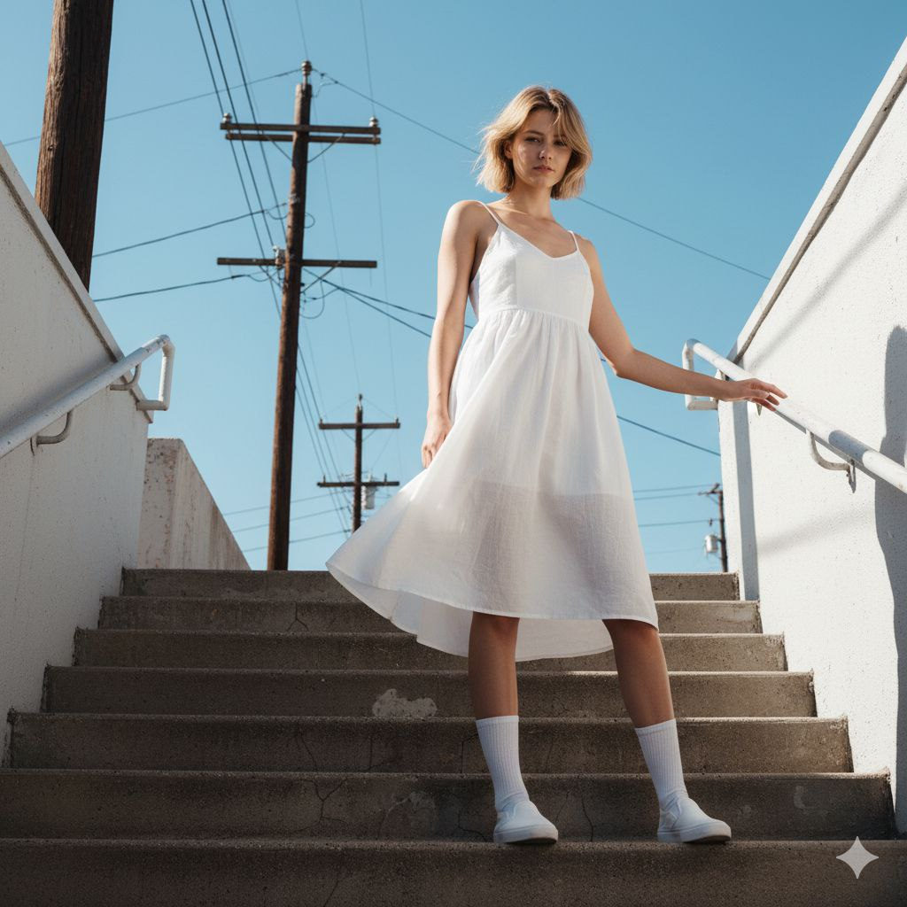 A woman in a flowing dress standing at the bottom of a staircase, viewed from low angle, against a clear blue sky.