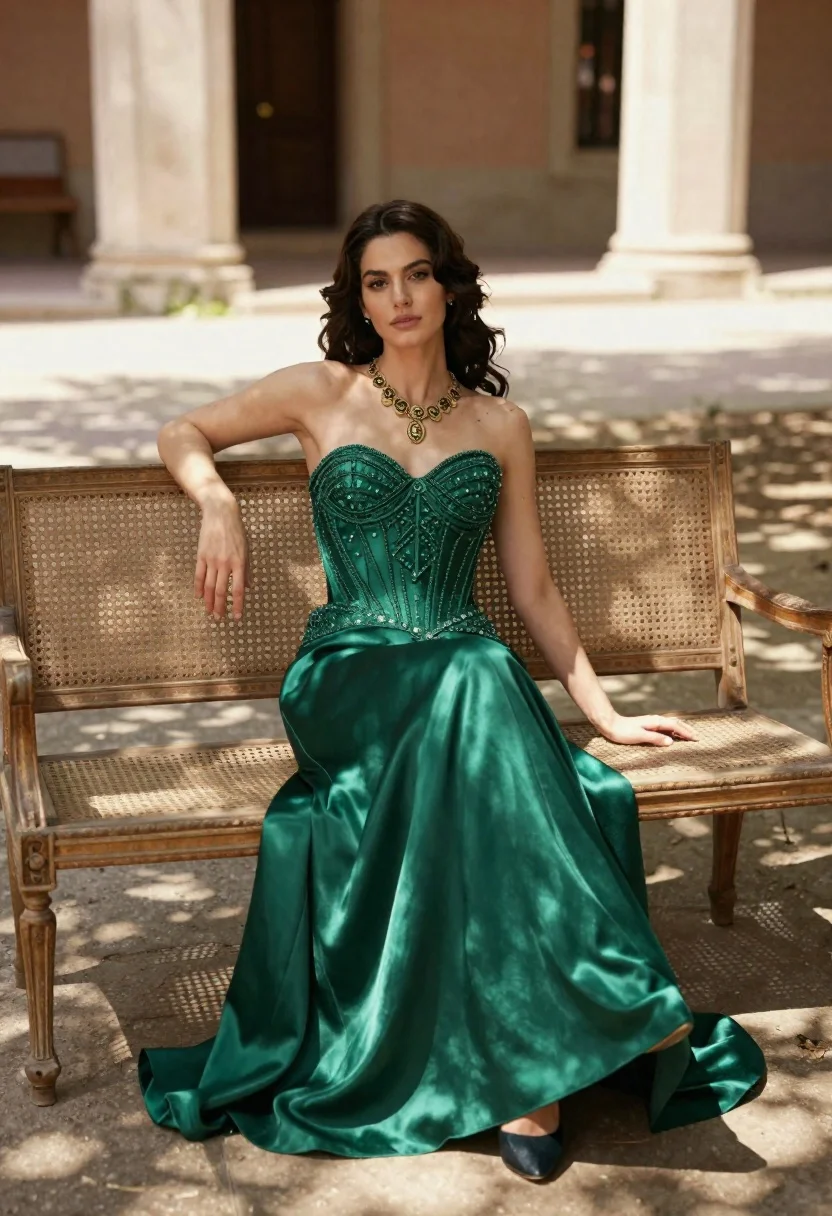 Woman With Long Wavy Dark Hair Sits Elegantly Vintage Cane-backed reference photo