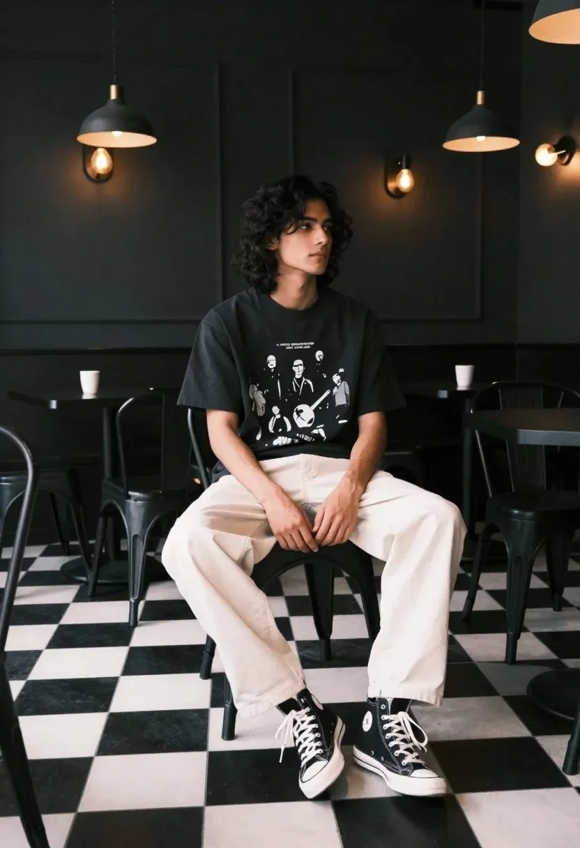 Young Man With Long Dark Wavy Hair Sits Dimly Lit