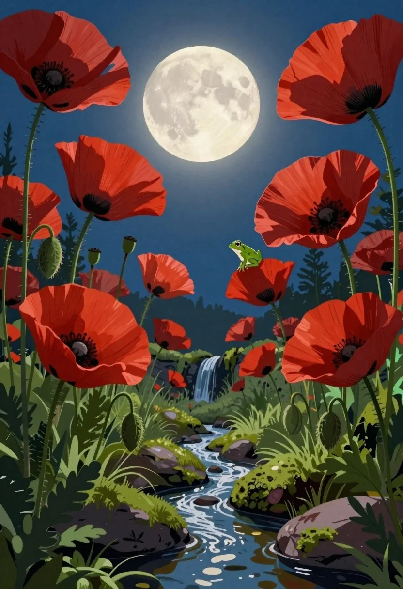 Digital Illustration Surreal Poppy Forest Framing Circular Moonlit Sky Subject reference photo