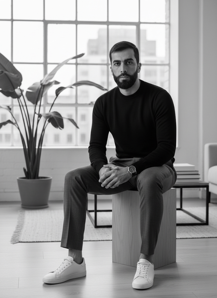 A stylish man sitting on a minimalist wooden block, dressed in a black sweater and tailored trousers, illuminated by soft natural light.