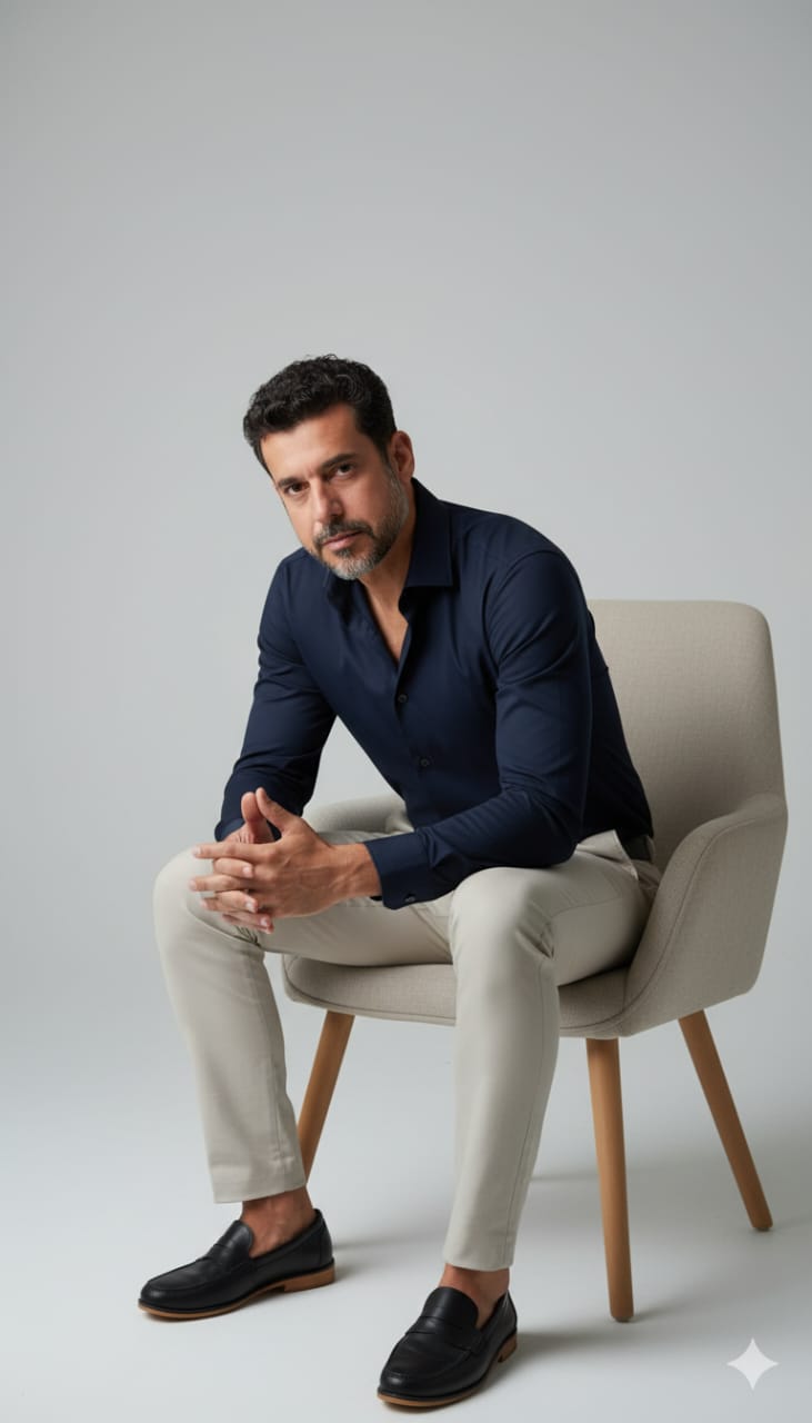 Confident man in navy shirt and beige pants seated in modern armchair.