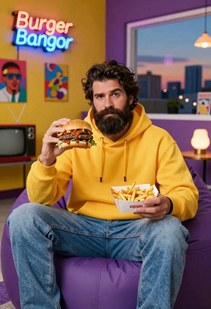 Man Sits Vibrant Purple Beanbag Chair Holding Large Burger And